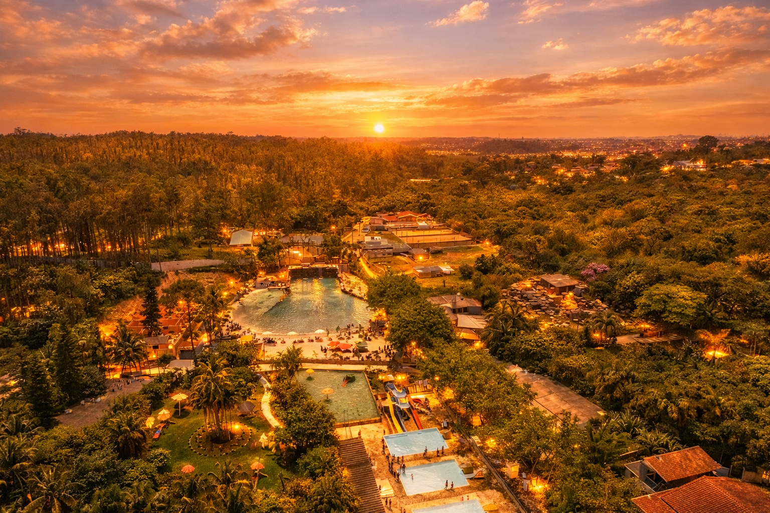 Piscina infinita do Rincão Resort ao pôr do sol com vista para a natureza